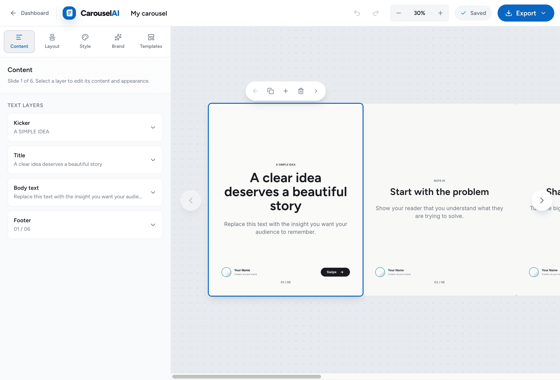 Carouselma editor showing content controls and a multi-slide carousel